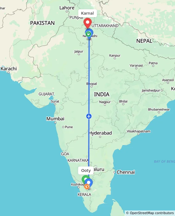 Route map showing distance and travel time from Ooty, India to Karnal, India