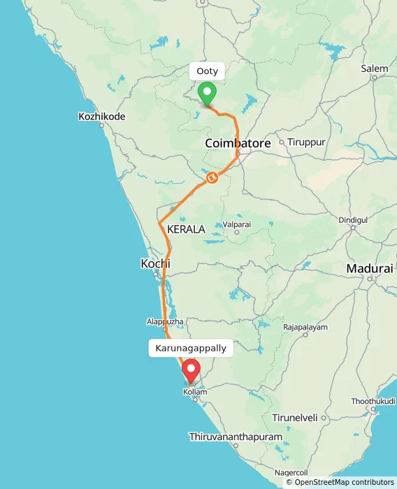 Route map showing distance and travel time from Ooty, India to Karunagappally, India