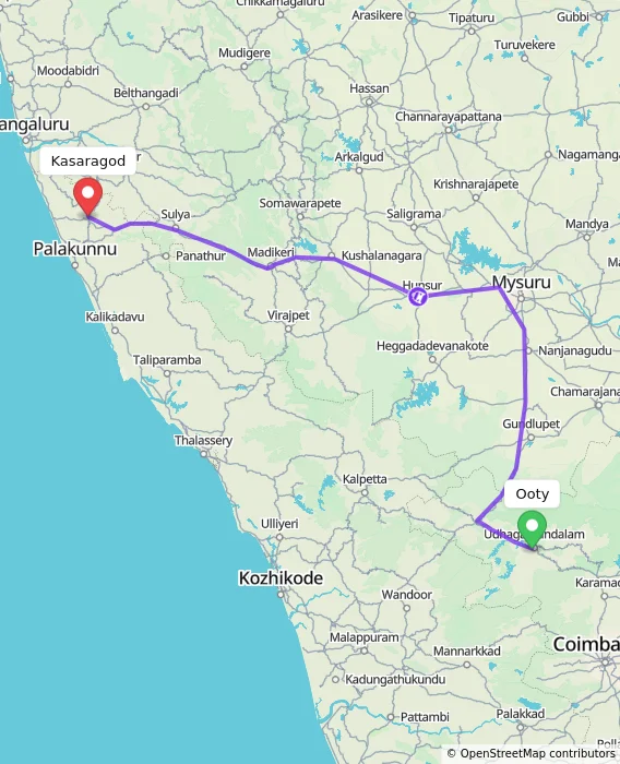 Route map showing distance and travel time from Ooty, India to Kasaragod, India