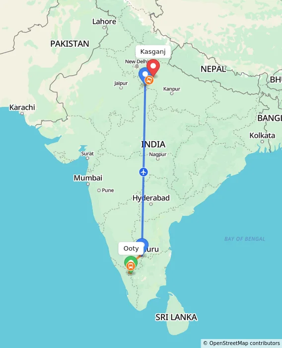 Route map showing distance and travel time from Ooty, India to Kasganj, India