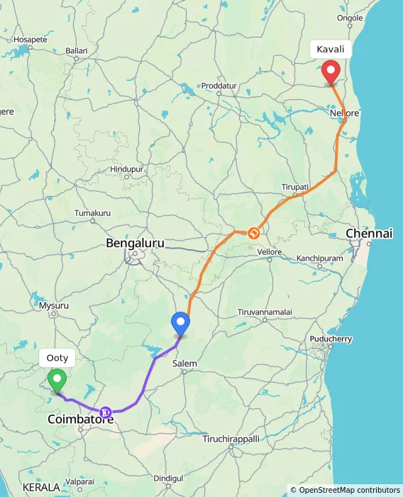 Route map showing distance and travel time from Ooty, India to Kavali, India