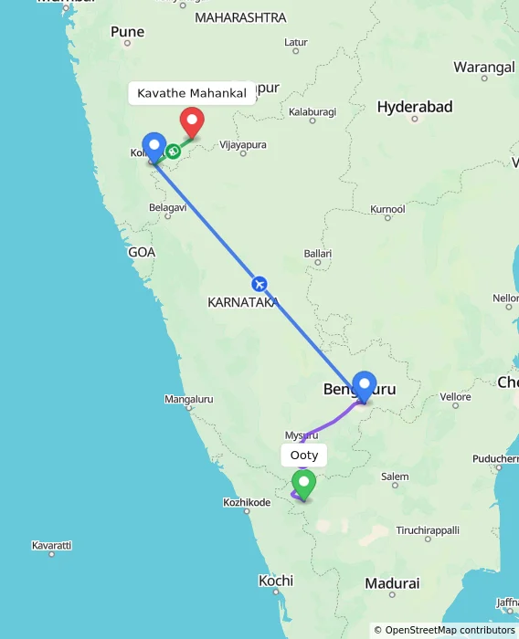 Route map showing distance and travel time from Ooty, India to Kavathe Mahankal, India