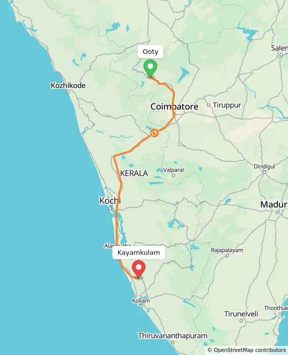 Route map showing distance and travel time from Ooty, India to Kayamkulam, India