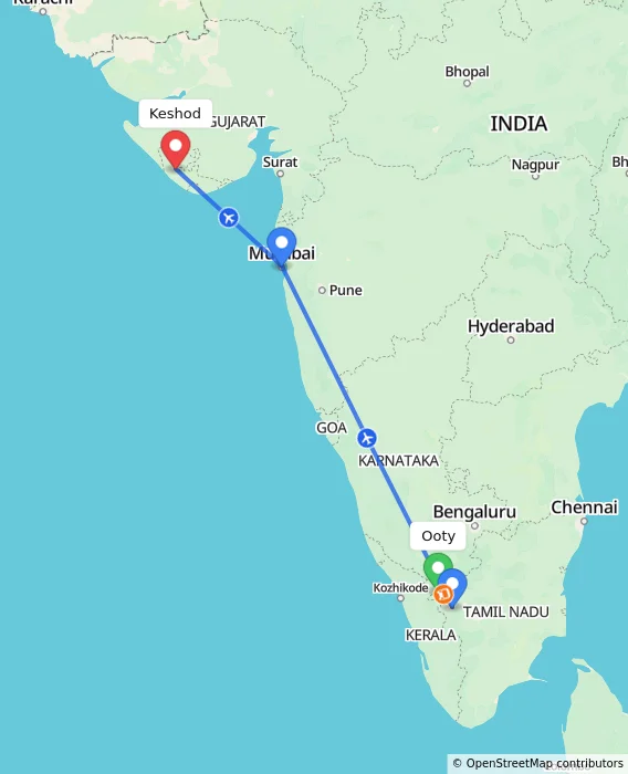 Route map showing distance and travel time from Ooty, India to Keshod, India