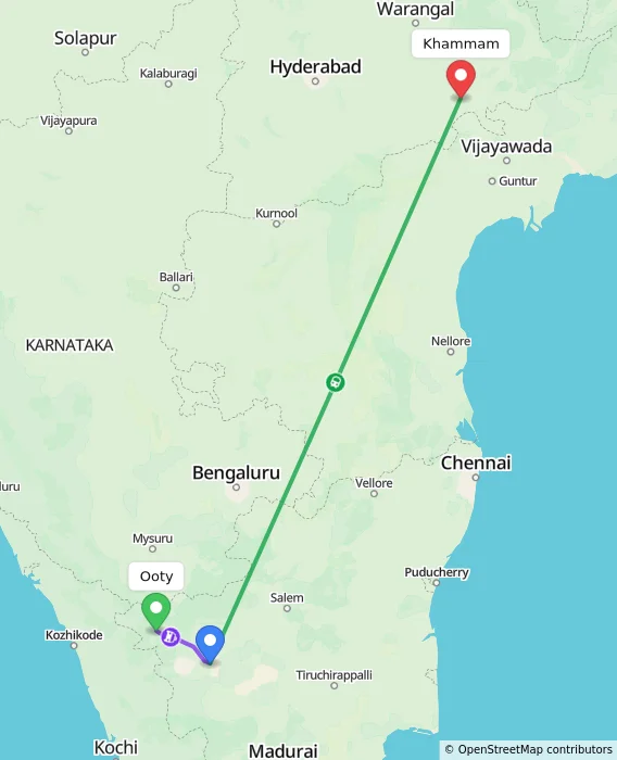 Route map showing distance and travel time from Ooty, India to Khammam, India