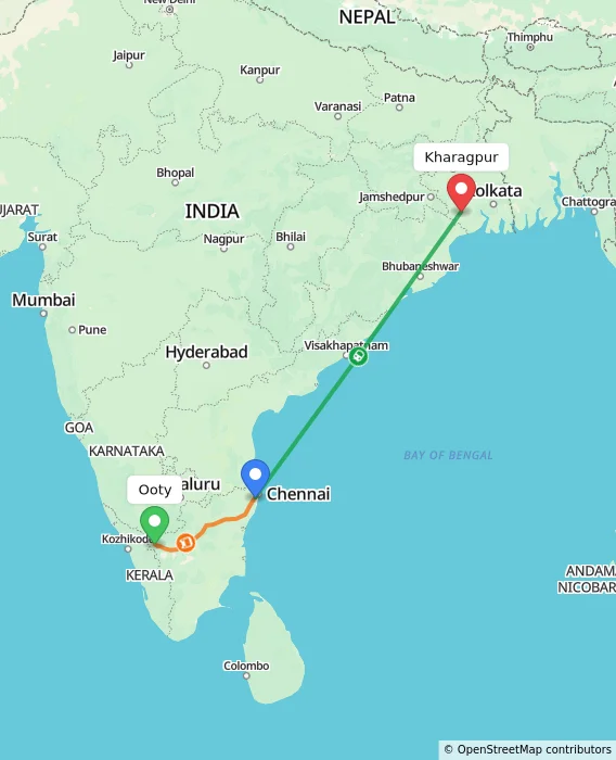 Route map showing distance and travel time from Ooty, India to Kharagpur, India