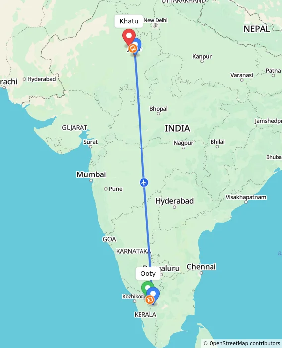 Route map showing distance and travel time from Ooty, India to Khatu, India