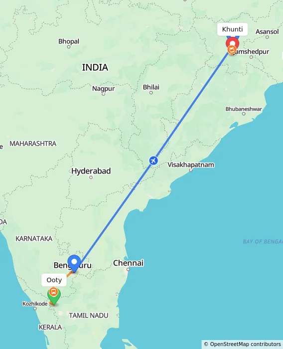 Route map showing distance and travel time from Ooty, India to Khunti, India