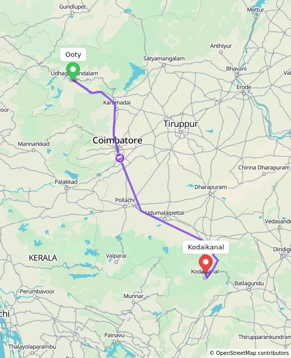 Route map showing distance and travel time from Ooty, India to Kodaikanal, India