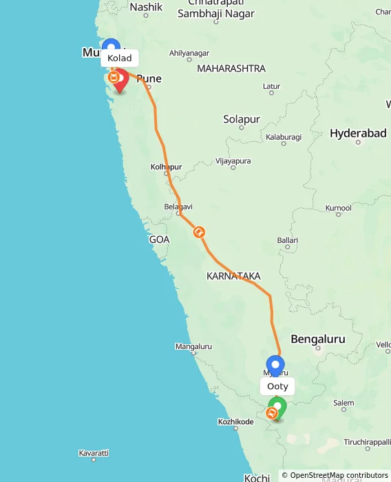 Route map showing distance and travel time from Ooty, India to Kolad, India