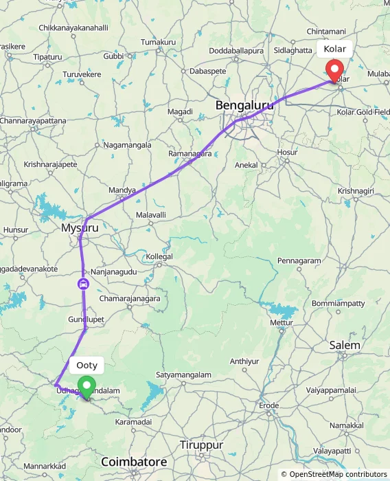 Route map showing distance and travel time from Ooty, India to Kolar, India