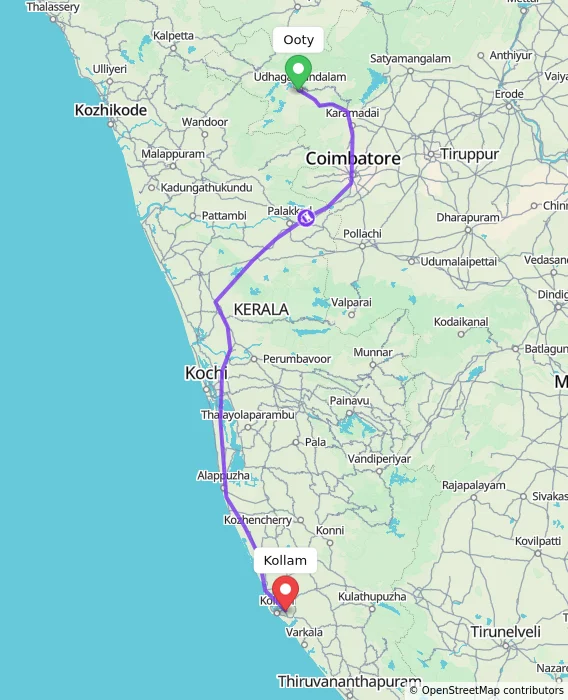 Route map showing distance and travel time from Ooty, India to Kollam, India