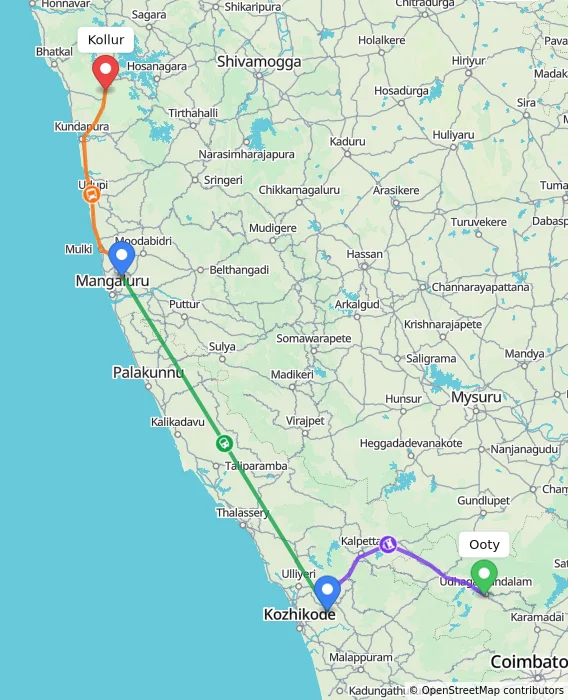 Route map showing distance and travel time from Ooty, India to Kollur, India