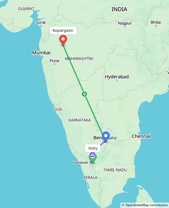 Route map showing distance and travel time from Ooty, India to Kopargaon, India