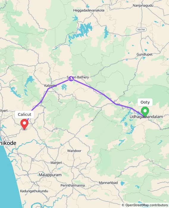 Route map showing distance and travel time from Ooty, India to Kozhikode, India