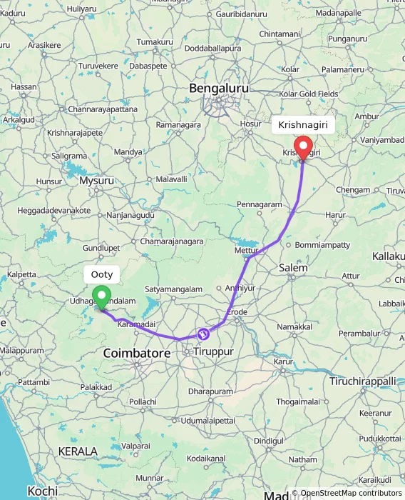 Route map showing distance and travel time from Ooty, India to Krishnagiri, India