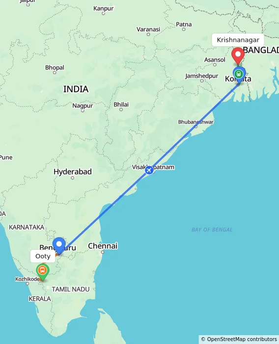 Route map showing distance and travel time from Ooty, India to Krishnanagar, India