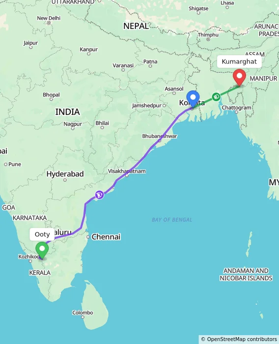 Route map showing distance and travel time from Ooty, India to Kumarghat, India