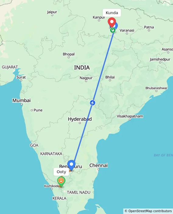 Route map showing distance and travel time from Ooty, India to Kunda, India