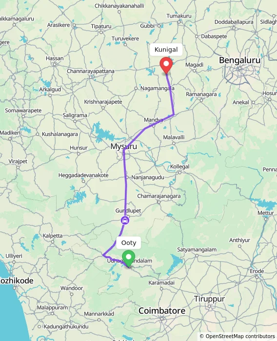 Route map showing distance and travel time from Ooty, India to Kunigal, India