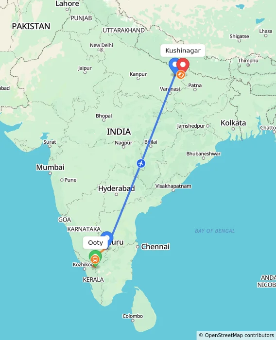 Route map showing distance and travel time from Ooty, India to Kushinagar, India