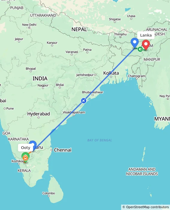 Route map showing distance and travel time from Ooty, India to Lanka, India