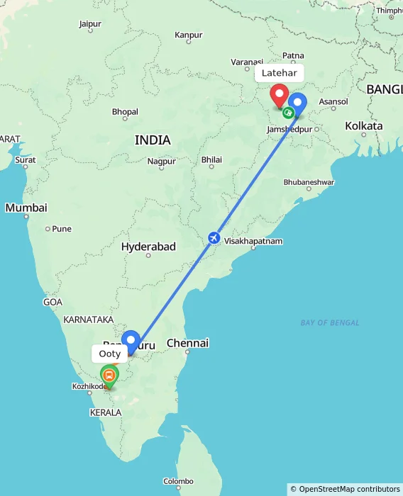 Route map showing distance and travel time from Ooty, India to Latehar, India