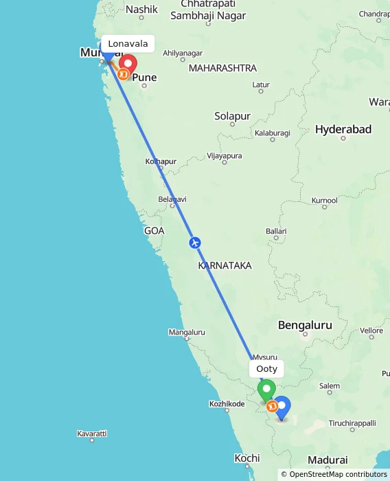 Route map showing distance and travel time from Ooty, India to Lonavala, India