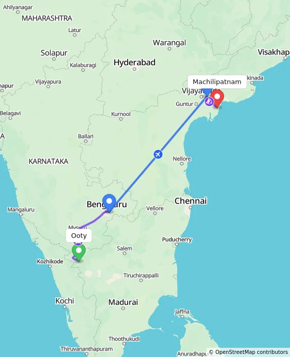 Route map showing distance and travel time from Ooty, India to Machilipatnam, India