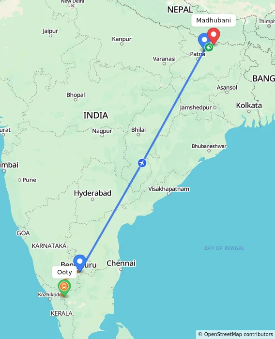 Route map showing distance and travel time from Ooty, India to Madhubani, India