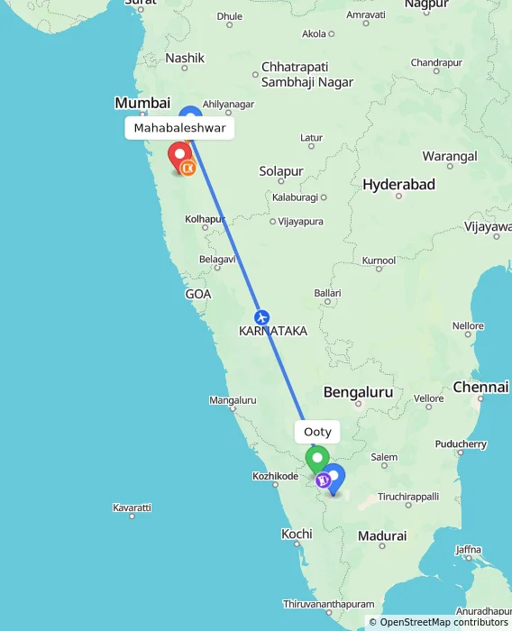 Route map showing distance and travel time from Ooty, India to Mahabaleshwar, India