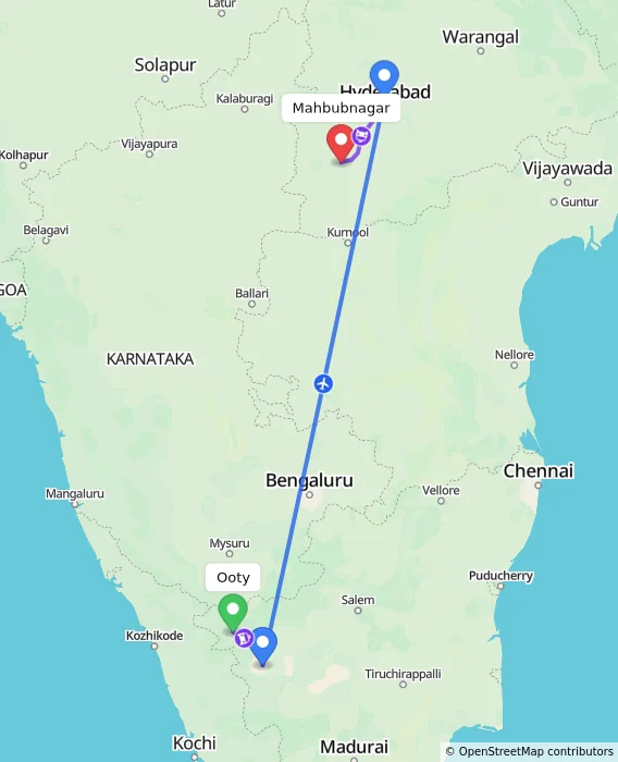 Route map showing distance and travel time from Ooty, India to Mahbubnagar, India