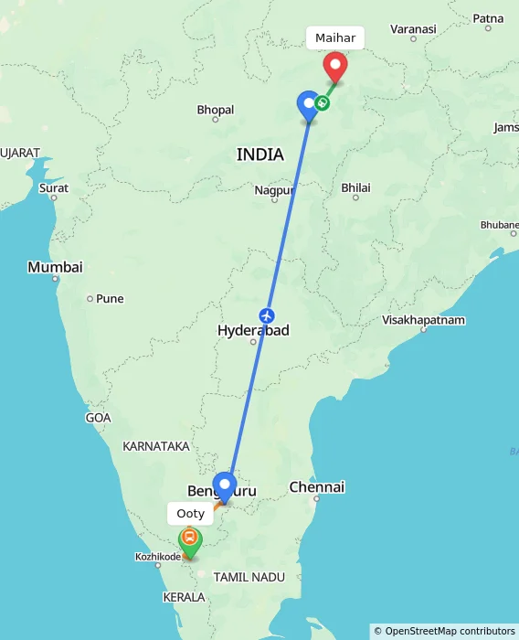 Route map showing distance and travel time from Ooty, India to Maihar, India