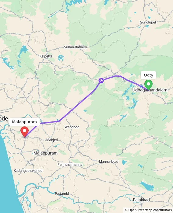 Route map showing distance and travel time from Ooty, India to Malappuram, India