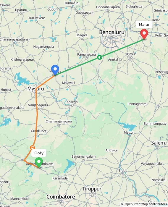 Route map showing distance and travel time from Ooty, India to Malur, India