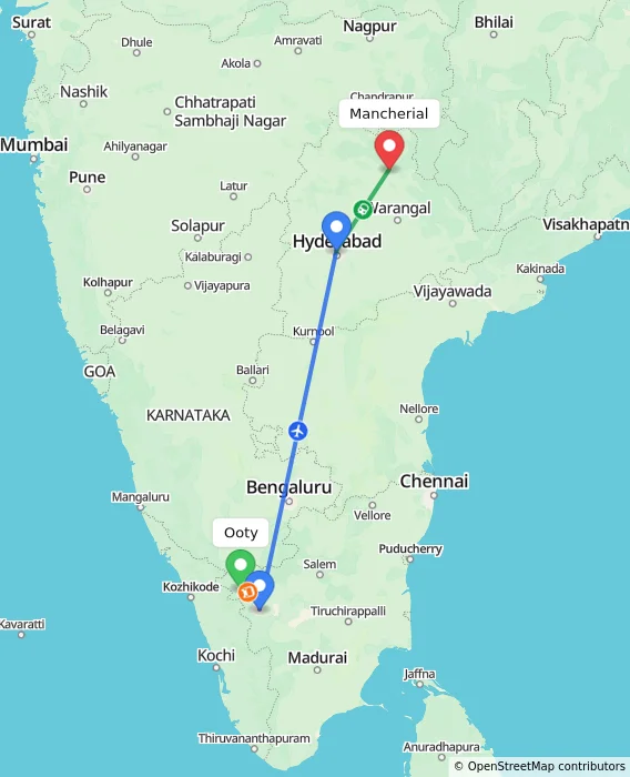 Route map showing distance and travel time from Ooty, India to Mancherial, India