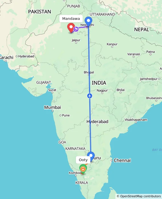 Route map showing distance and travel time from Ooty, India to Mandawa, India