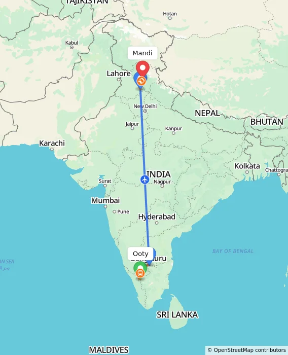 Route map showing distance and travel time from Ooty, India to Mandi, India