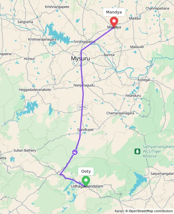Route map showing distance and travel time from Ooty, India to Mandya, India