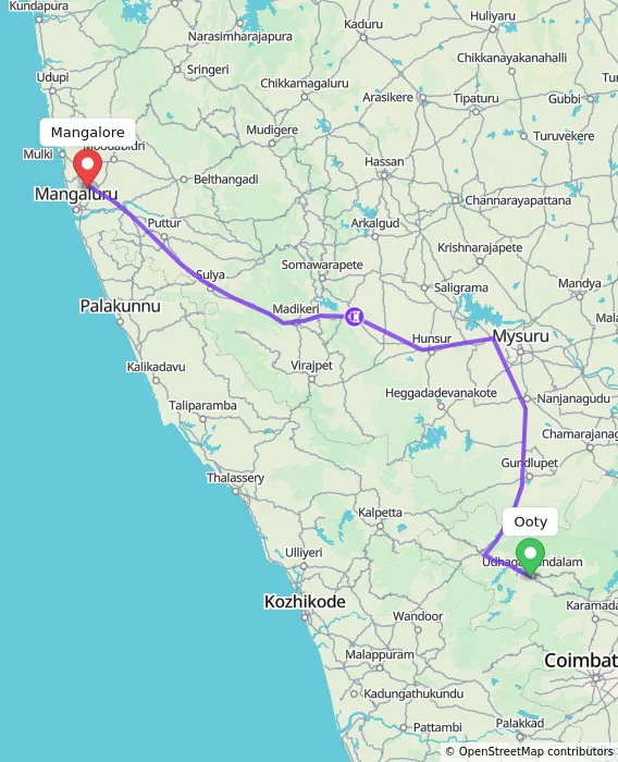 Route map showing distance and travel time from Ooty, India to Mangalore, India