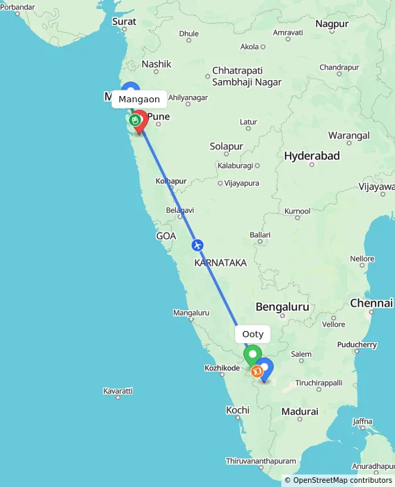 Route map showing distance and travel time from Ooty, India to Mangaon, India