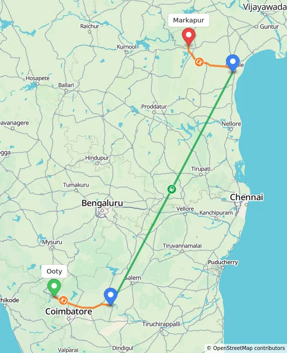 Route map showing distance and travel time from Ooty, India to Markapur, India