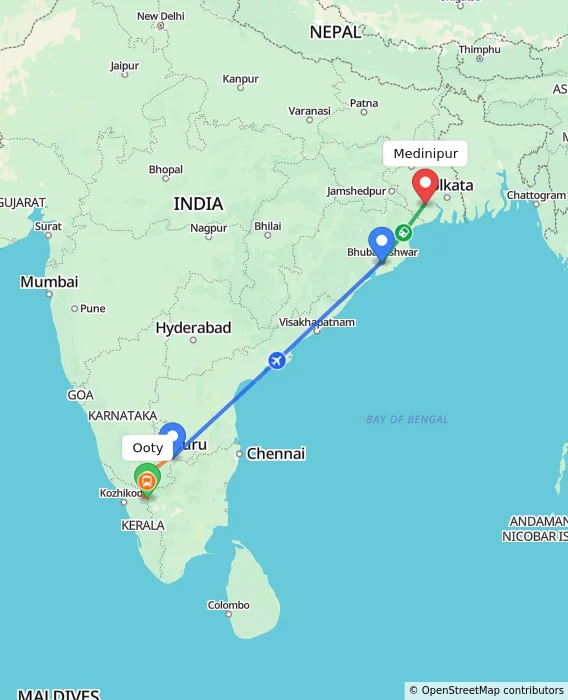 Route map showing distance and travel time from Ooty, India to Medinipur, India