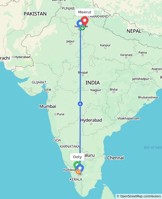 Route map showing distance and travel time from Ooty, India to Meerut, India