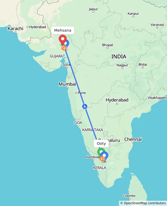 Route map showing distance and travel time from Ooty, India to Mehsana, India