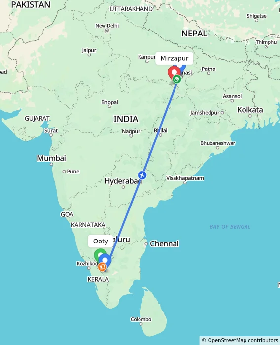 Route map showing distance and travel time from Ooty, India to Mirzapur, India