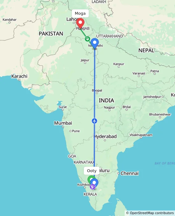 Route map showing distance and travel time from Ooty, India to Moga, India