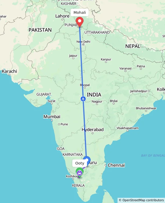 Route map showing distance and travel time from Ooty, India to Mohali, India