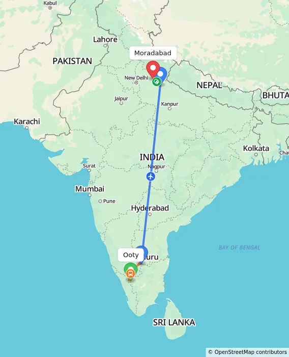 Route map showing distance and travel time from Ooty, India to Moradabad, India