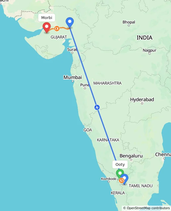 Route map showing distance and travel time from Ooty, India to Morbi, India